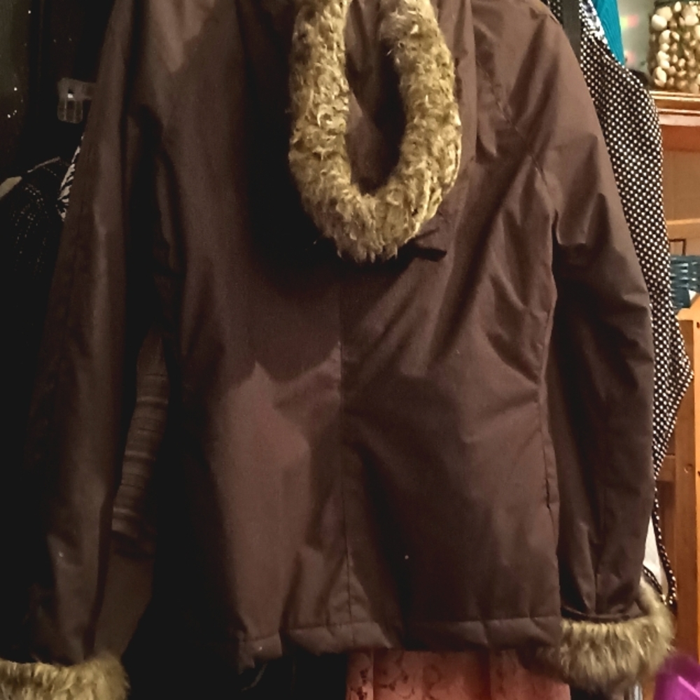 Women's Brown material with Gray Faux Fur Long Jacket Size Large
